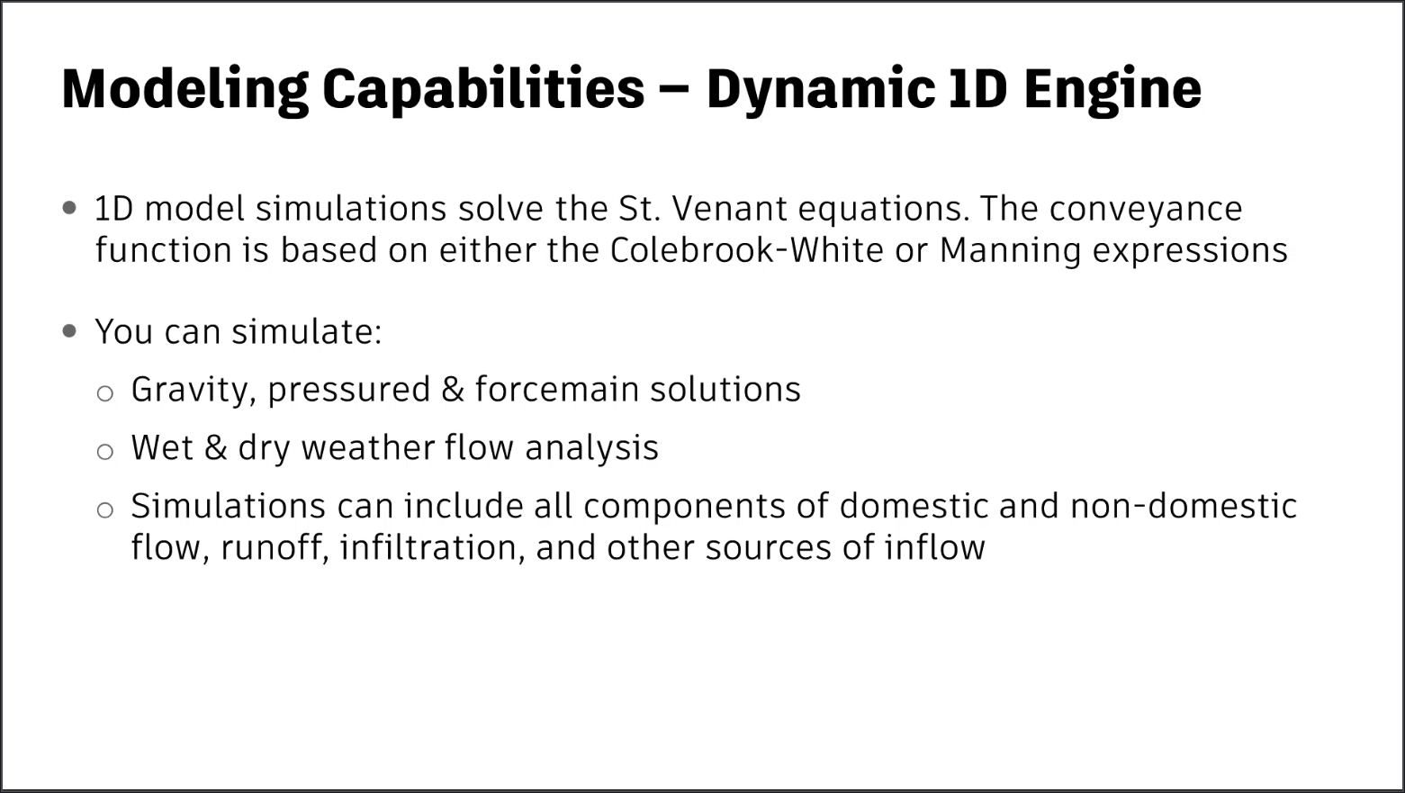 A presentation slide outlining the modeling capabilities of the dynamic 1D computational engine in InfoWorks ICM.