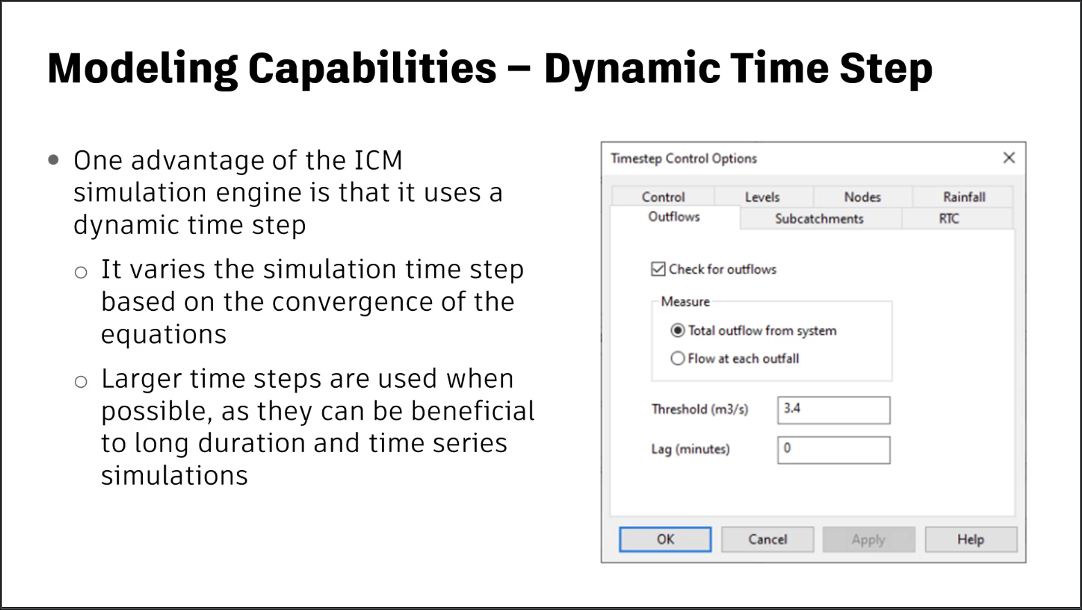 A presentation slide outlining the advantages of using the simulation time step, with an image of the Timestep Control Options dialog box.