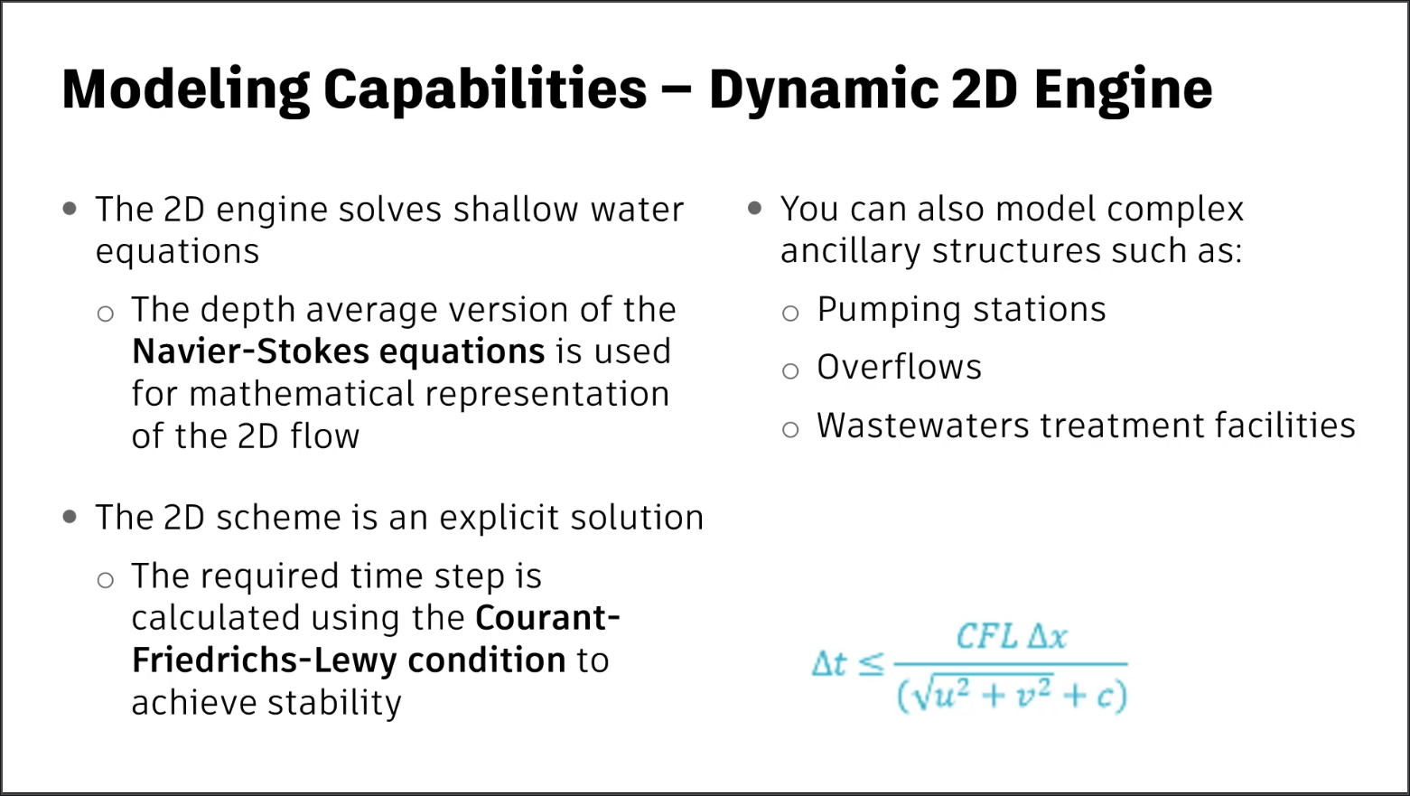 A presentation slide containing the advantages of the dynamic 2D computational engine in InfoWorks ICM.