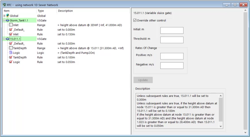 The real time controller dialog box displayed for a 1D sewer network example.