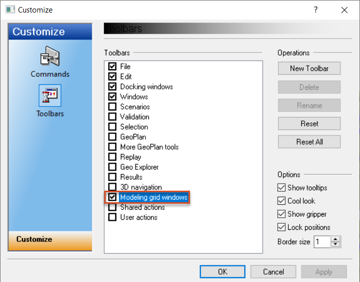 The Customize dialog box displaying the Toolbars page with the Modeling grid windows toolbar selected.