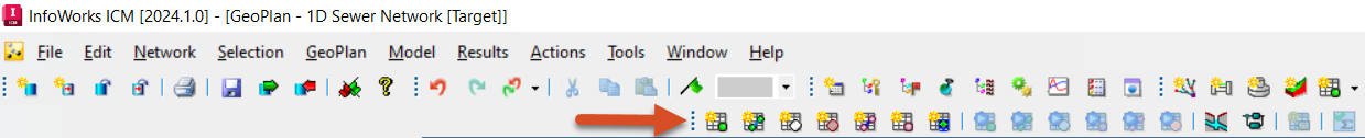 ICM toolbars with a red arrow pointing to the gripper bar used to reposition toolbars.