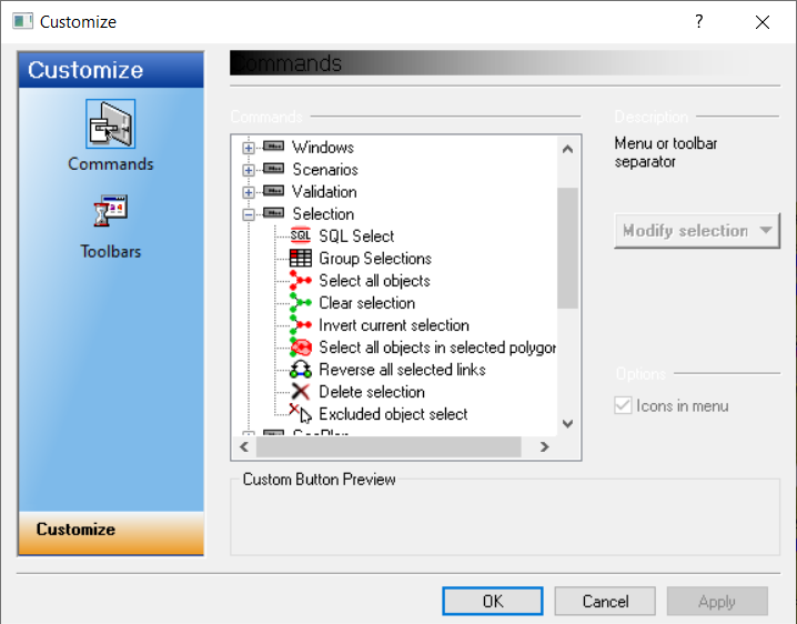 The Customize dialog box displaying the Commands page, with the Selection toolbar group expanded to show the available buttons.