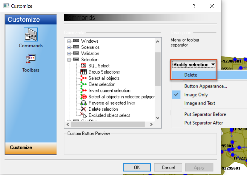 The Customize dialog box, Commands page, with the Modify selection drop-down expanded and the Delete option selected.