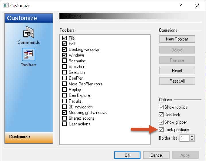 The Customize dialog box with the Lock positions option highlighted.