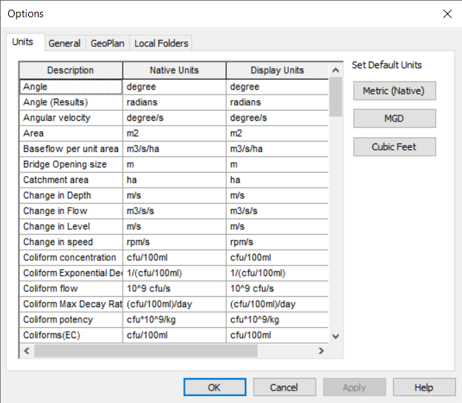 In the ICM Options dialog box, Units tab, a table of database items and their respective native and display units.