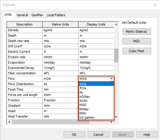 The Options dialog box, Units tab, with the Display Units drop-down list for Flow expanded.