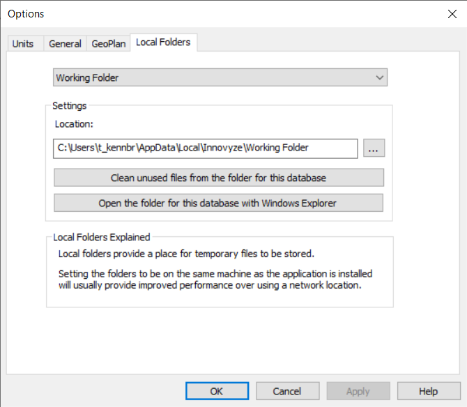 The InfoWorks ICM Options dialog box displaying the Local Folders tab.