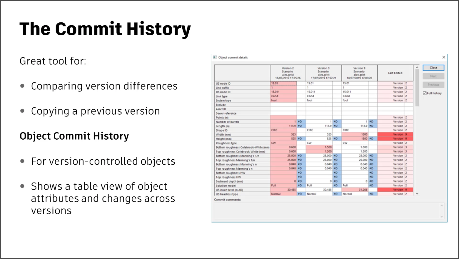 A presentation slide stating the Commit History tool is great for comparing both networks and objects, and it includes an image of the object commit details.