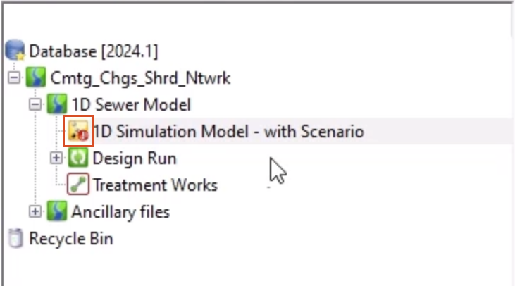 The InfoWorks ICM Explorer window with a highlight around an icon with a red circle exclamation badge, indicating a change was made that needs to be committed to the database.