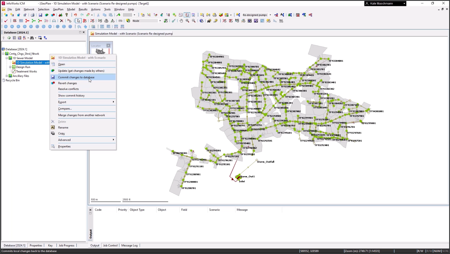 The InfoWorks ICM interface, with Commit changes to database highlighted for selection in the submenu.