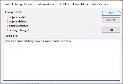 The Commit changes to server dialog box showing a note entered about the changes that were made and OK being selected.