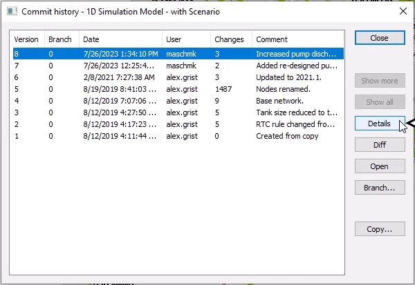 The Commit history dialog box with a change selected and the Details button being clicked.