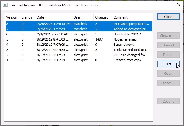 The Commit history dialog box showing two versions selected and Diff being selected.