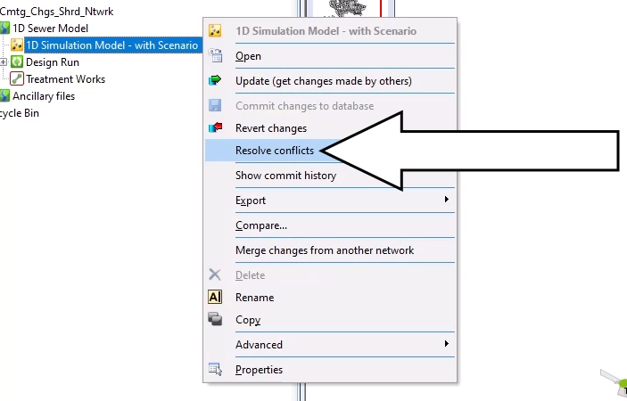 The network submenu showing Resolve conflicts being selected.