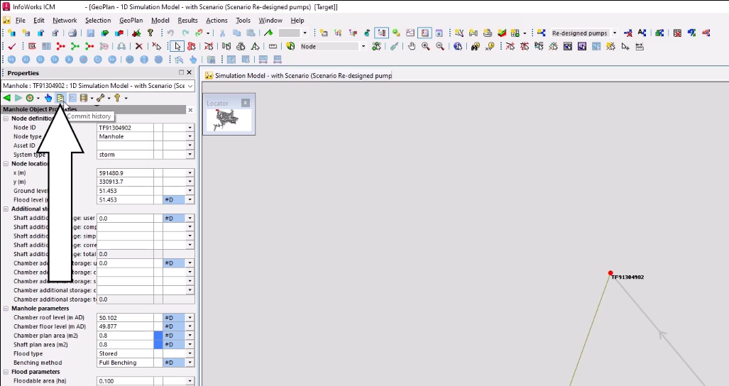 A node is selected in the GeoPlan, its properties are showing in the Properties window, and Commit History is being selected in the toolbar at the top of the Properties window.
