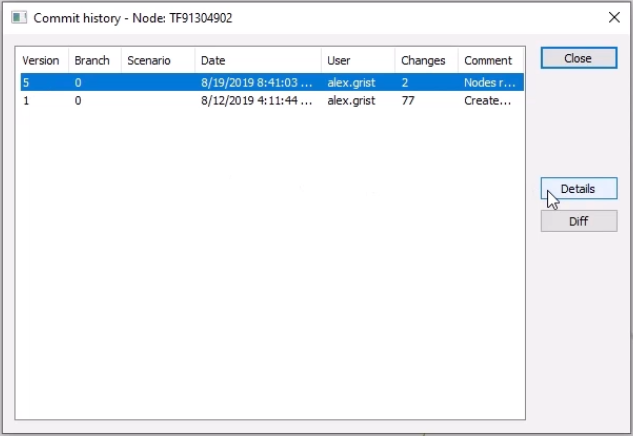 The Commit history dialog box showing a node object highlighted and Details being selected.