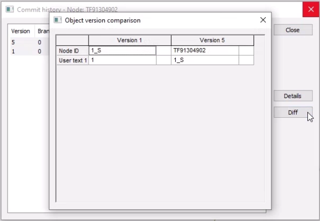 The Object version comparison dialog box showing the differences between two nodes that were selected in the Commit history dialog box, shown in the background, with Diff having been selected.