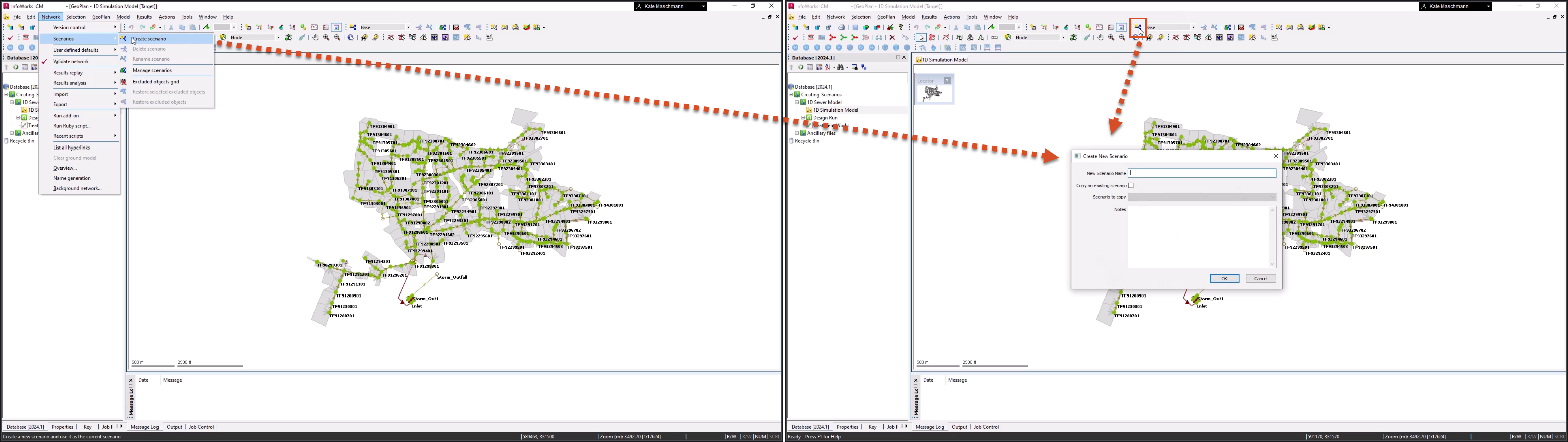 Two side-by-side image of the InfoWorks ICM interface, showing the two ways to open the Create new scenario dialog box.