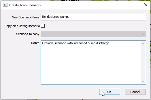 The Create New Scenario dialog box, with the new scenario name and notes filled in, and OK selected.