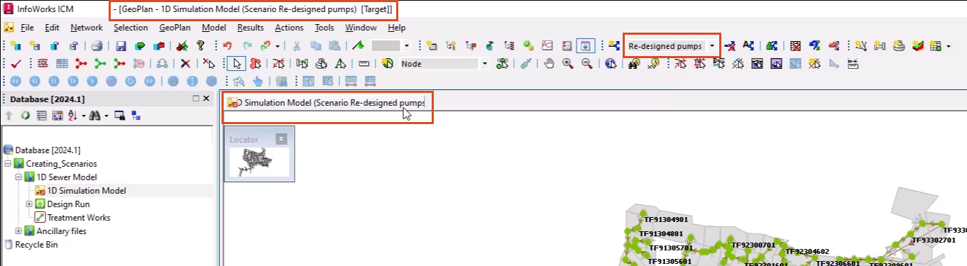 The top-left corner of the InfoWorks ICM interface, with three places highlighted that show the current, active scenario—the Scenarios toolbar, GeoPlan window tab, and title bar.