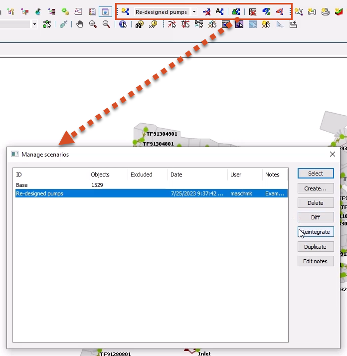 The Scenarios toolbar highlighted in the InfoWorks ICM interface, with the Manage Scenarios dialog box open, and an arrow indicating the Manage Scenarios tool that opened it.