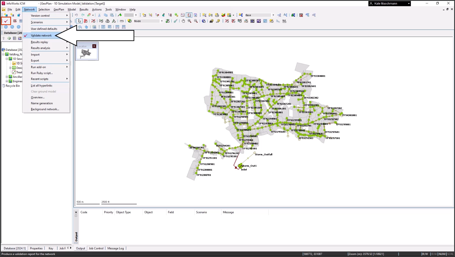 The InfoWorks ICM interface, with the Validate network tool highlighted in the toolbar and in the Network menu.