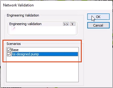 The Network Validation dialog box, with the Scenarios group highlighted and the Base and Re-designed pump scenarios both enabled for validation.