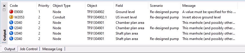 The Output dialog box, showing examples of red, yellow, and blue messages as a result of the validation.