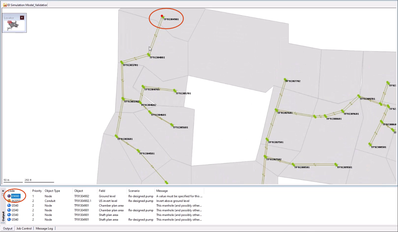 The Geoplan showing the area where the selected warning indicates a value must be specified for the node.