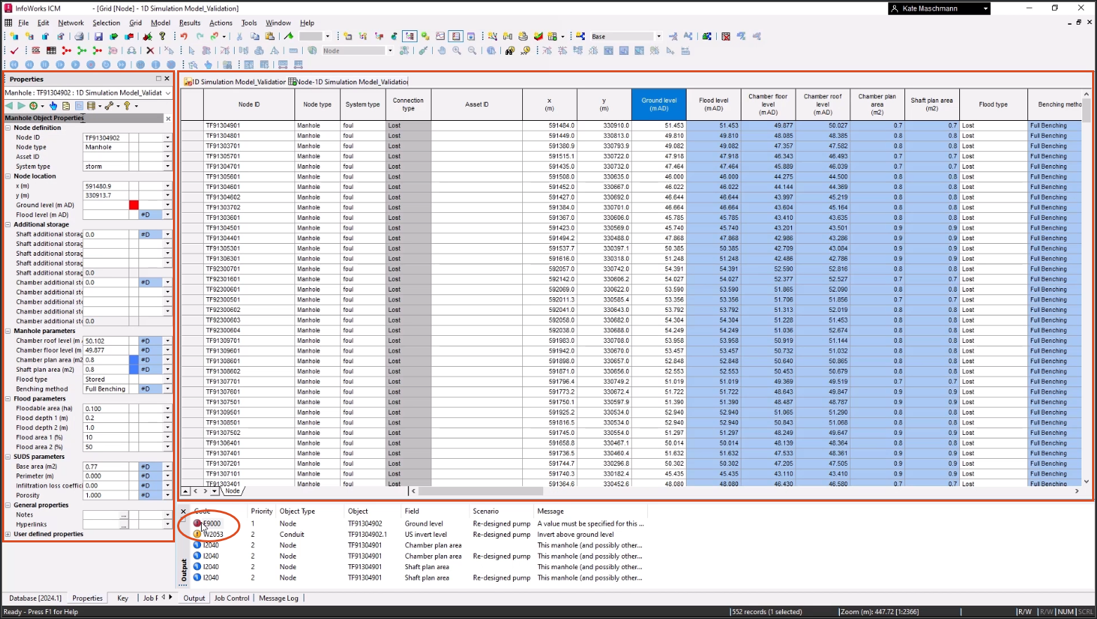 After a warning is double-clicked, the interface displays the Properties panel for the affected node with the Ground level showing red, and the grid view for all the nodes in the network and the Ground level column active, both of which indicate the error.