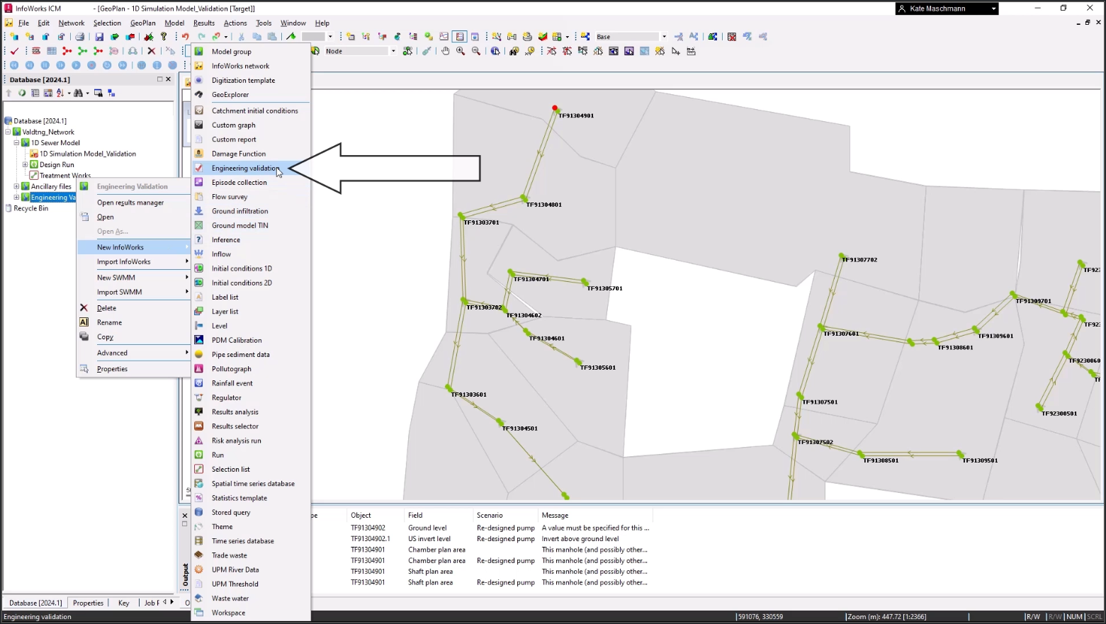 The Engineering validation tool highlighted for selection in the Engineering Validation submenu.