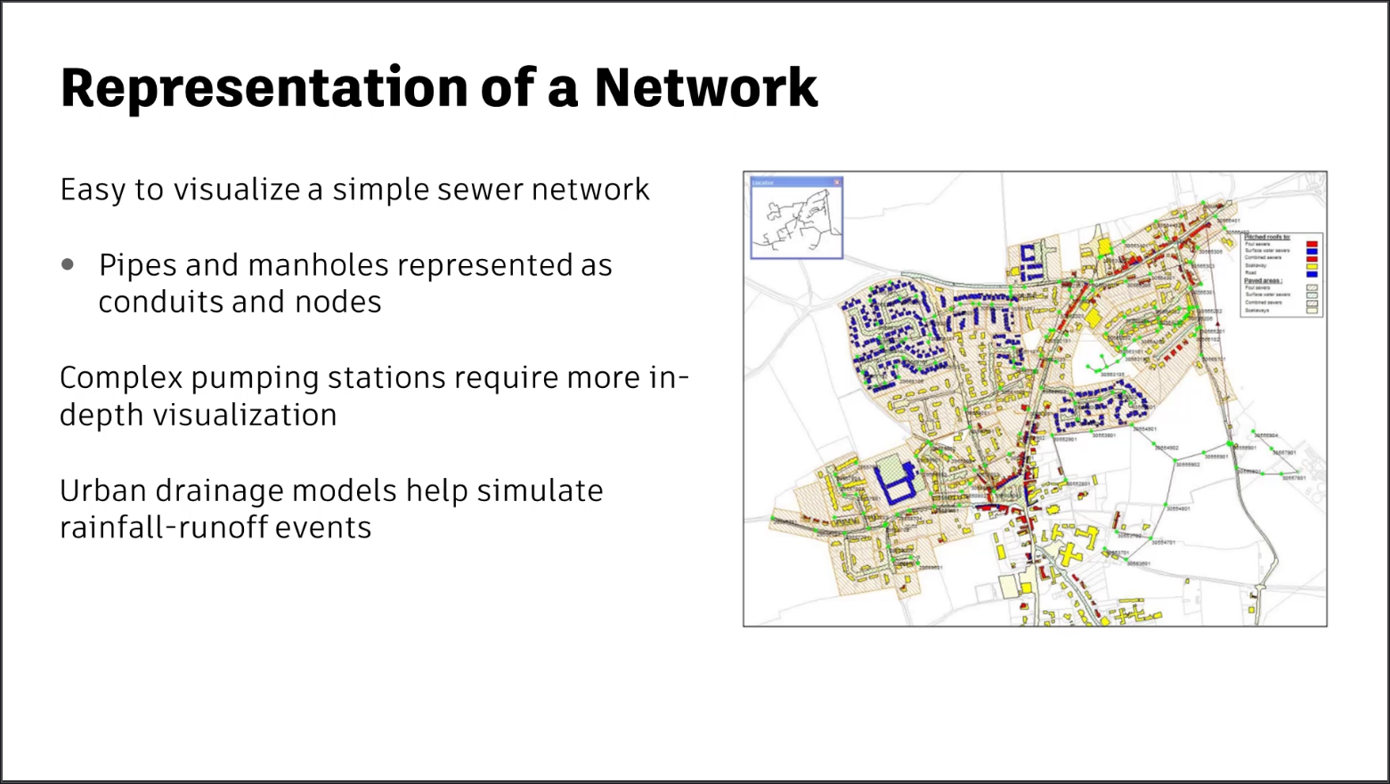 A presentation slide explaining how networks in InfoWorks ICM make it easy to visualize simple and complex networks, with an image of a complex network on the right.