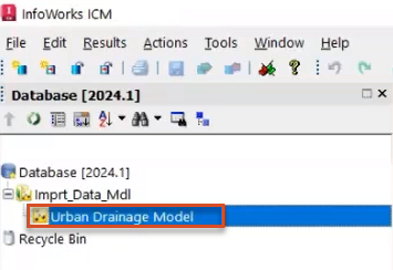 The InfoWorks ICM Explorer window displaying the new Urban Drainage model network folder.