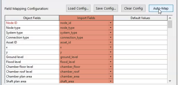 The Field Mapping Configuration section in the ODIC, with Auto-Map highlighted as selected, and the Import Fields highlighted and populated with the matched fields adjacent to the corresponding node IDs.