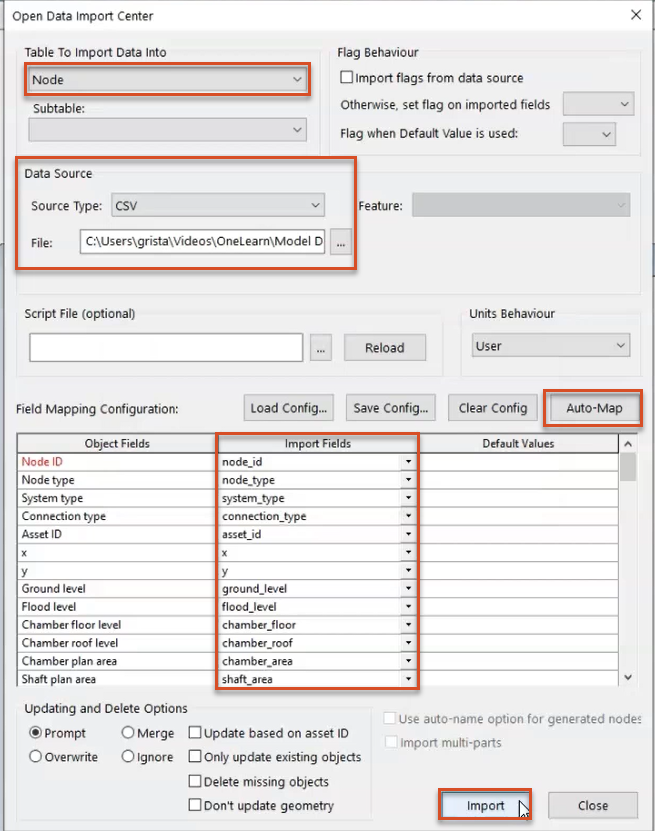 The Open Data Import Center (ODIC), with the file name and auto-mapped fields highlighted to import a Node network.