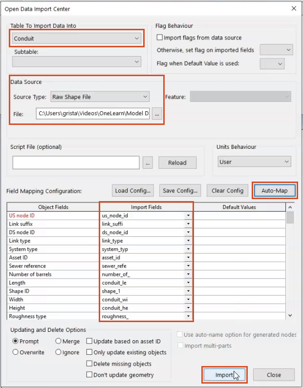 The ODIC, with the file name and auto-mapped fields highlighted to import a Conduit network.