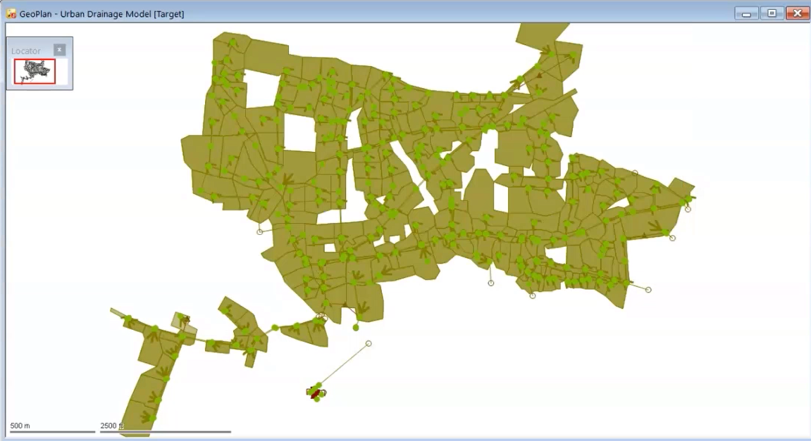 GeoPlan displaying the imported Subcatchments and structures, with the previously imported Node and Conduit networks.