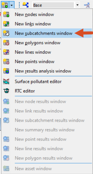 The InfoWorks ICM Grid windows drop-down with New subcatchments window selected.