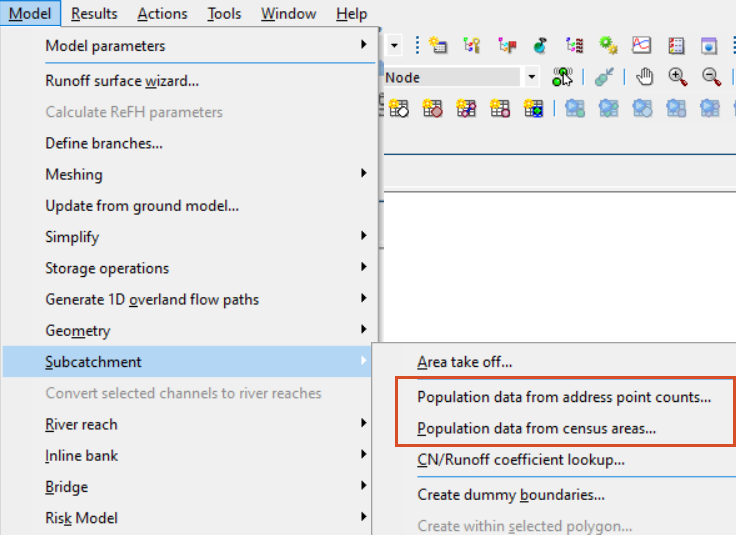The Model menu, with Subcatchment selected, and the flyout displayed.