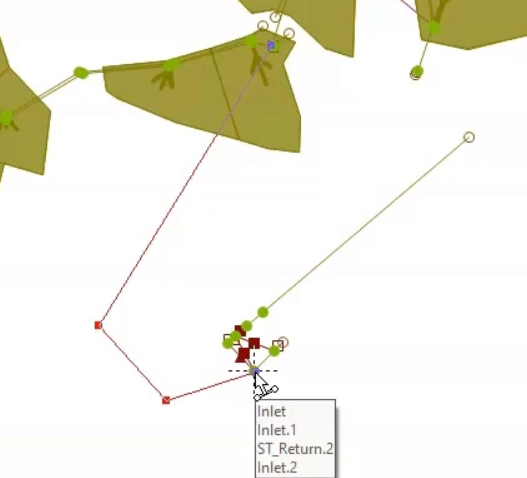 In the GeoPlan, the drawn link bends toward the inlet, and the crosshair pointer displays over the inlet.