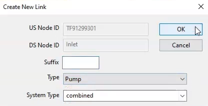 In the Create New Link dialog box, Pump is selected in the Type drop-down, and the OK button is selected.