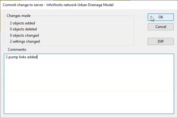 In the Commit changes to server dialog box, a comment is added and OK is selected.
