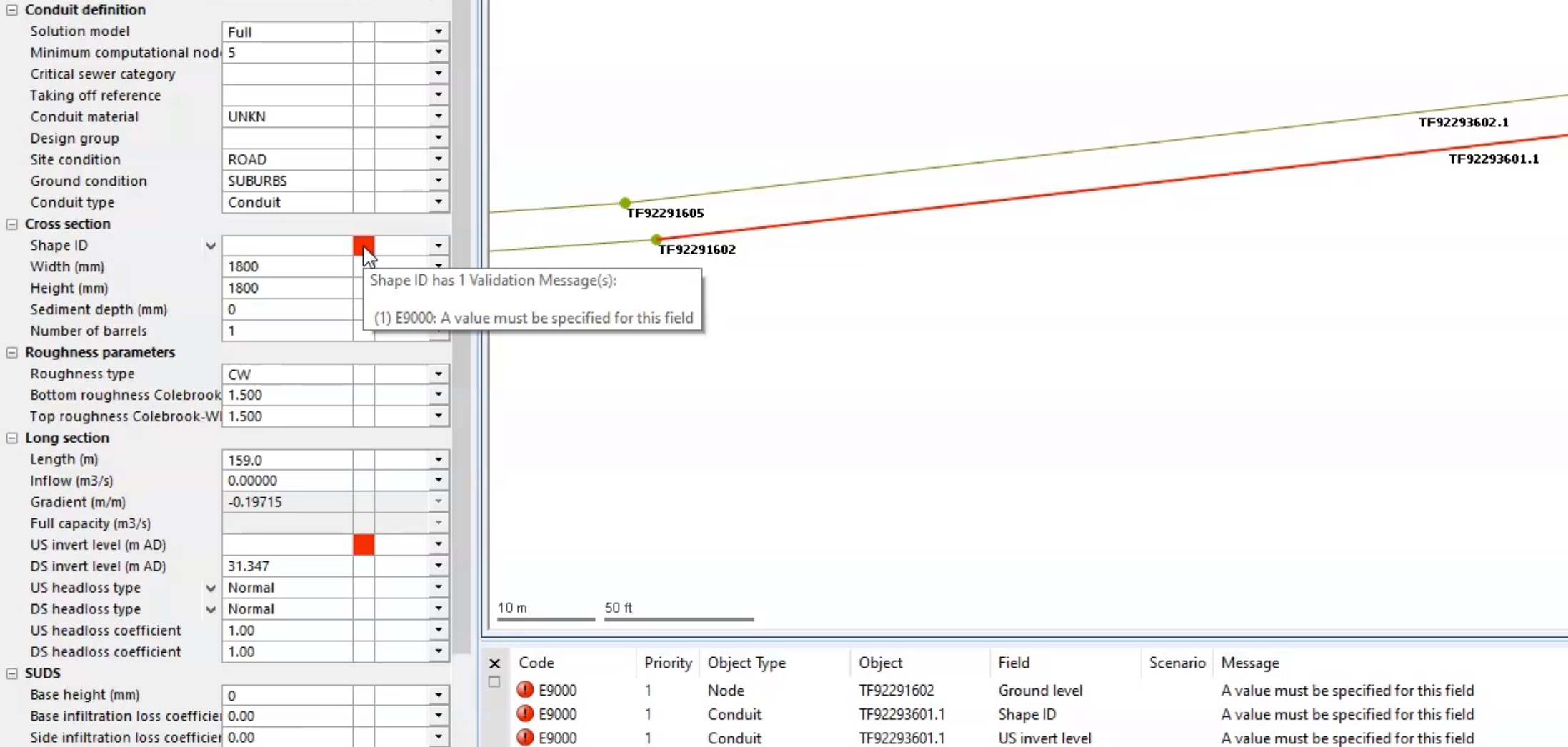 The Properties window with two red validation errors for the selected object, highlighted in red on the zoomed-in GeoPlan.