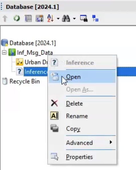 In the Database, the Inference shortcut menu with Open selected.