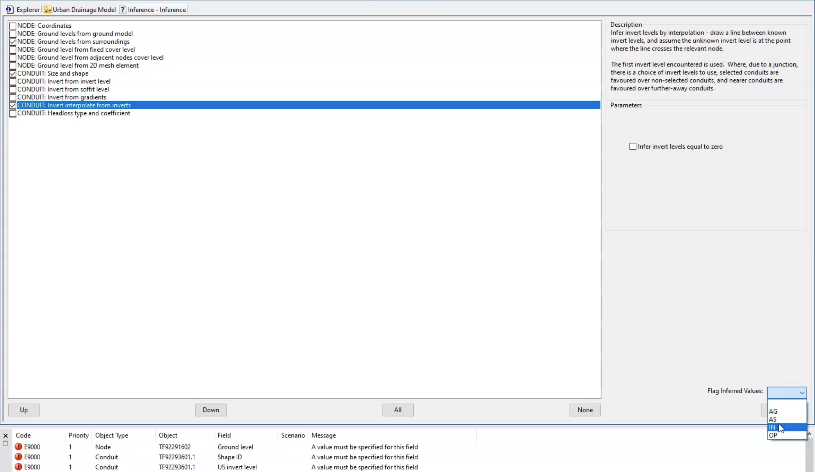 In the Inference list, checkboxes are selected next to three node and conduit rules, and in the Flag Inferred Values drop-down, IN is selected.