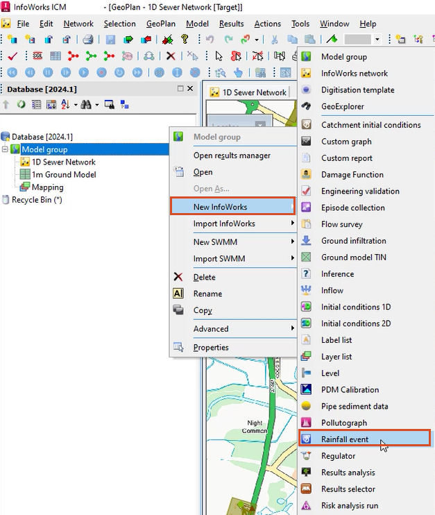 In the InfoWorks ICM interface, the Model group shortcut menu with New InfoWorks selected, and in the flyout, Rainfall event selected.