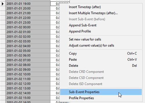 In the Event Editor, the shortcut menu for one of the cells, with Sub-Event Properties selected.