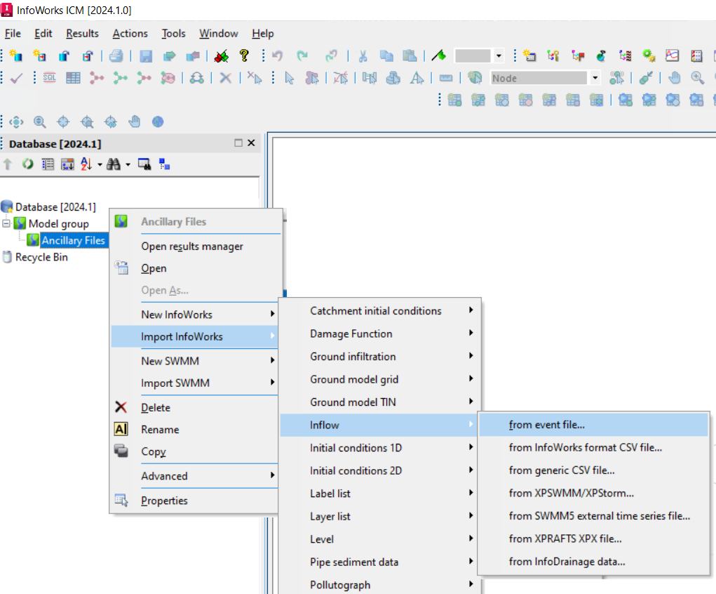 In the ICM Model Group, the Ancillary Files shortcut menu with Import InfoWorks selected, Inflow selected in the first flyout, and in the second flyout, from event file selected.