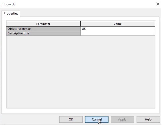 The Inflow properties dialog box with columns for Parameter and Value, and with Cancel selected.